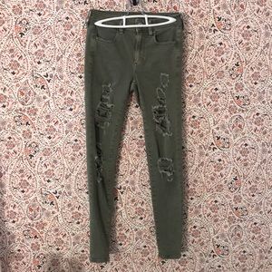 Olive green distressed denim